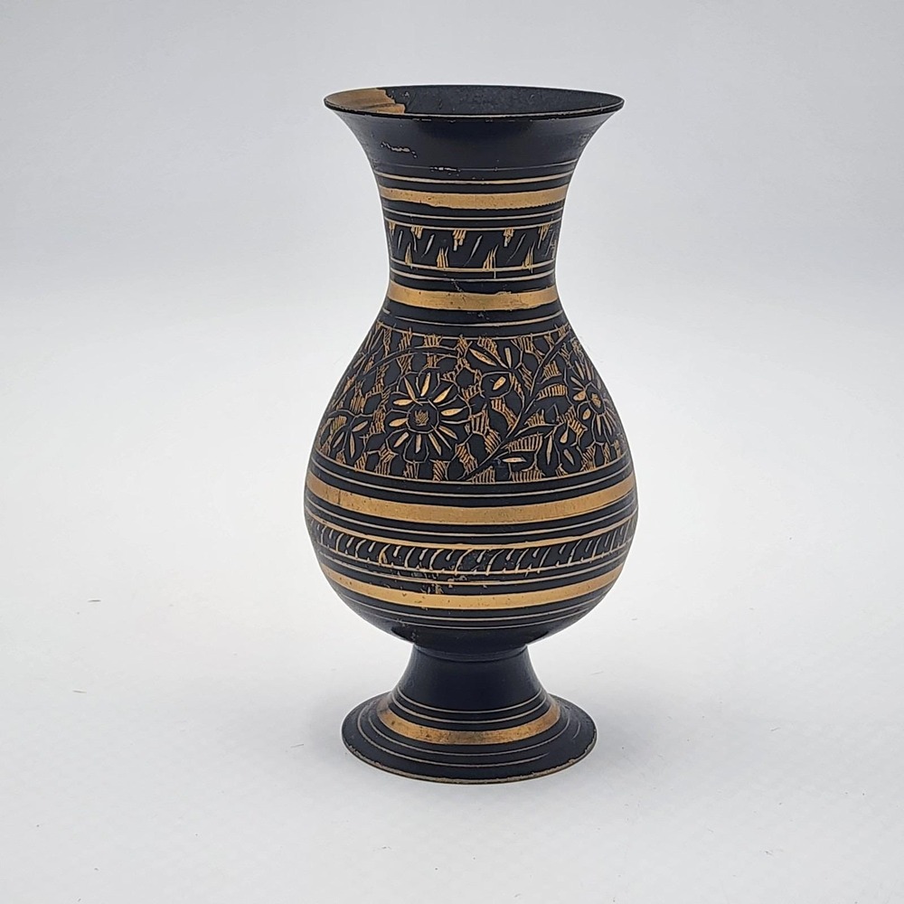 Vintage India Black Gold Etched Floral Metal Pedestal Vase 7 Inch